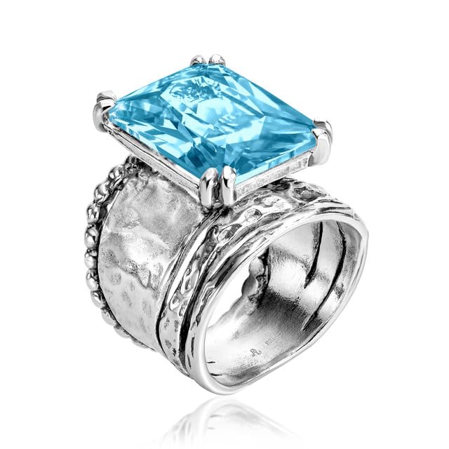 JEAN RACHEL JEWELRY 925 Sterling Silver Ring - Hammered Vintage Design with Octagon Shaped Cubic Zirconia - Hypoallergenic, Lead & Nickel Free - Artisan Handcrafted Statement Rings for Women - color: Aquamarine CZ