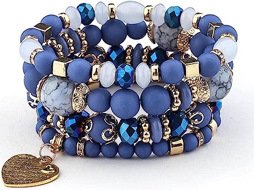 Women Beaded Bracelet Set | Colorful Boho Stackable Trendy Design with Crystal Accents Multilayer Bangle Bracelet | Fashion Stretch Braclets Jewelry for Women - color: Blue
