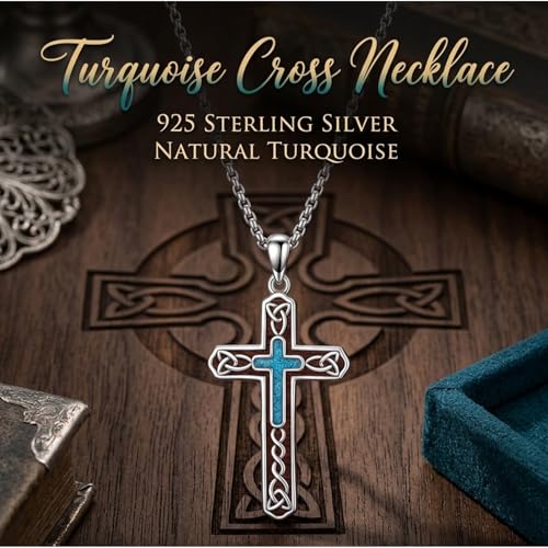 Turquoise Necklaces 925 Sterling Silver Western Necklace Boho Jewelry for Men Women Her Birthday Valentines Day Gifts - style: 9-Wood Grain Cross Necklace