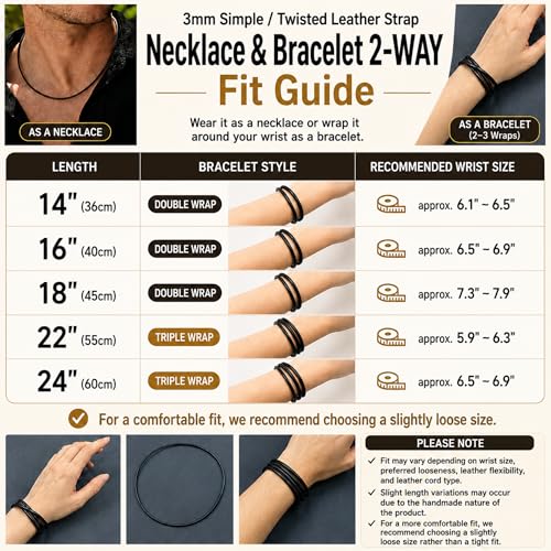 Leporem Minimalist 3mm (0.12") Genuine Black Leather Cord Necklace Pendant Holder Hypoallergenic Stainless Steel Push-Lock Clasp Wrap Bracelet