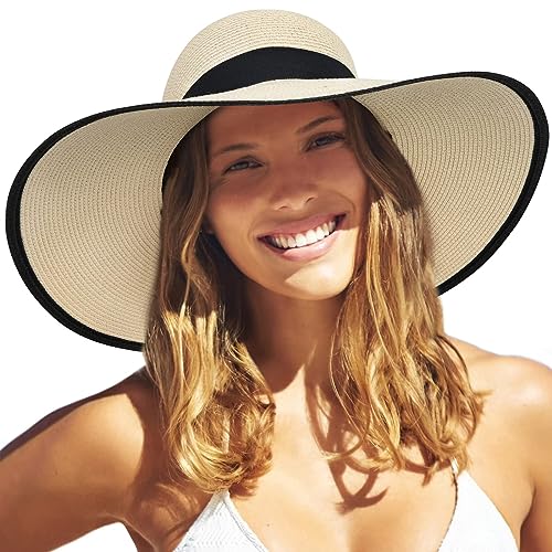 FURTALK Womens Sun Straw Hat Wide Brim UPF 80 Summer Hat Foldable Packable Floppy Beach Hats for Women - color: Beige With Black Brim, size: Medium-Large