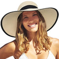 FURTALK Womens Sun Straw Hat Wide Brim UPF 80 Summer Hat Foldable Packable Floppy Beach Hats for Women - color: Beige With Black Brim, size: Medium-Large