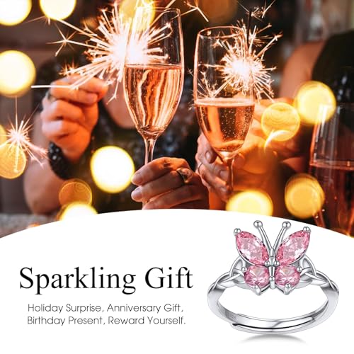 Bestyle 925 Sterling Silver Butterfly Ring Hypoallergnic Adjustable Birthstone Rings for Women Butterfly Jewelry Gifts for Anniversary Mothers' Day Birthday - color: 10.October (Rose Quartz)-Ring