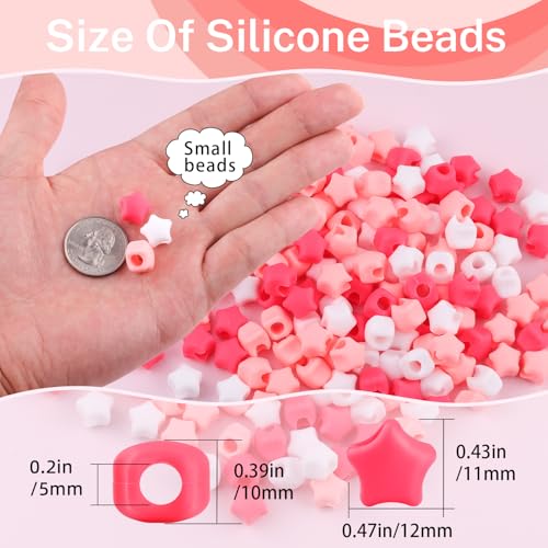 150Pcs Small Star Silicone Hair Beads for Braiding, 5mm hole Soft Pony Beads Bulk, Multi-color Hair Jewerly Accessories Kit with 60 Rubber Bands and 1 Beader for Braids,DIY Bracelets and Crafts - color: Star-Pink Mix-150pcs