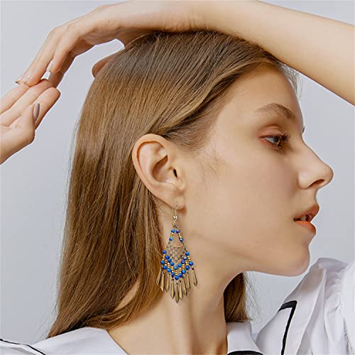 Handmade Vintage Bronze Bohemian Long Tassel Colorful Bead Dangle Drop Earrings Big Tribal Chandelier Geometry Hook Earrings for Women Statement Jewelry Gifts - color: Blue