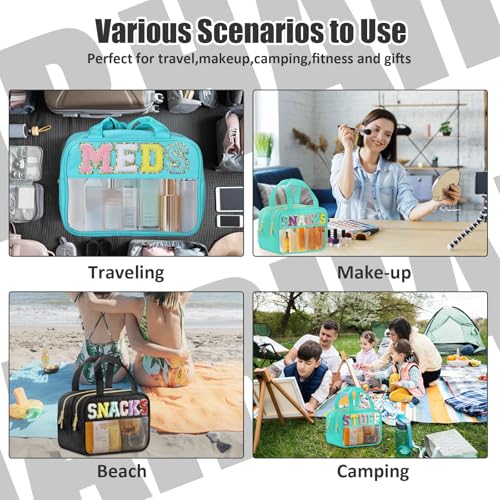 BuyCard Chenille Letter Clear Makeup Bags, Snacks Bag for Travel, Preppy Patch Nylon Cosmetic Bag with Handles and Zipper, Waterproof Large Clear Travel Toiletry Bag Storage Bag for Women Black - color: Black-Snacks