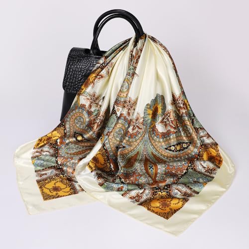 Women Head-Scarf Silk-Feeling-Scarf Hair Scarf Boho-Print Bandanas 35 Inches Square - color: Beige