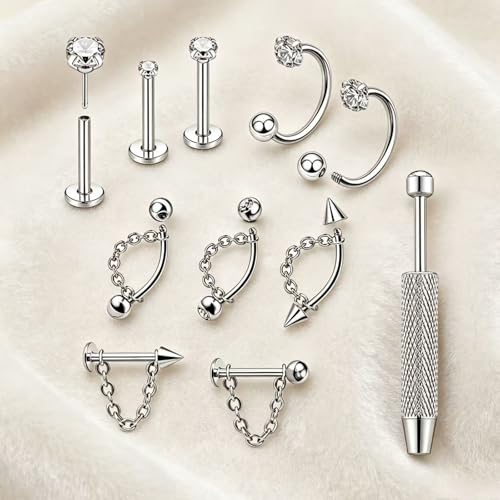 CHARMONLINEVertical Labret Lip Piercing Jewelry with Chain, Top Push in Threadless Flat Back Stud 20G Small Thin Half Hoop Ear Piercing 316L Surgical Steel Ear Piercing Cartilage Earrings Lip Eyebrow Helix Ear Piercing Jewelry with Changing Tool - color: