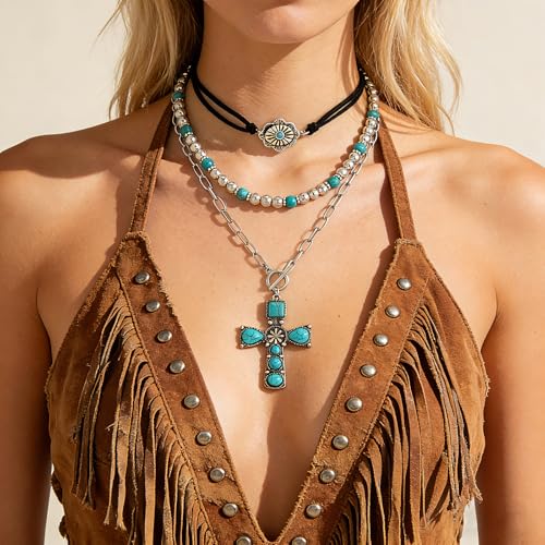 Western Necklaces Boho Turquoise Cross Necklace Set Navajo Pearl Beaded Layered Choker Cowgirl Christian Western Jewelry for Women - color: Style-B