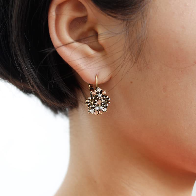 Unique Bohemian Vintage Sparkly Crystal Colorful Round Flower leverback earrings Boho Retro Bronze Circle Beaded Flower Floral Dangle Drop Earrings for Women - color: Colorful 3