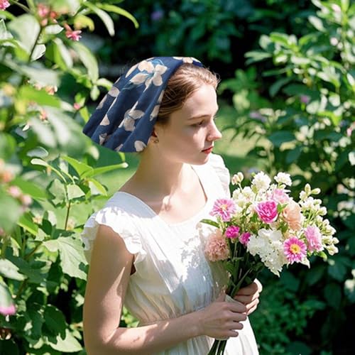 Bandanas for Women Men 21"x21" Floral Headband Scarf Versatile Hair Bandana Square Head Scarf - color: Blue Big White Flowers