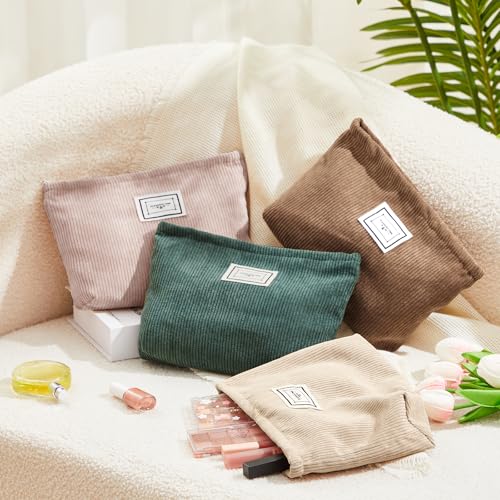 Sanwuta 4 Pack Velvet Makeup Bag Cosmetic Bag for Women Large Capacity Corduroy Pouch Zipper Canvas Travel Toiletry Purse Make up Organizer Case Accessories(Fresh Color,Plaid) - color: Fresh Color