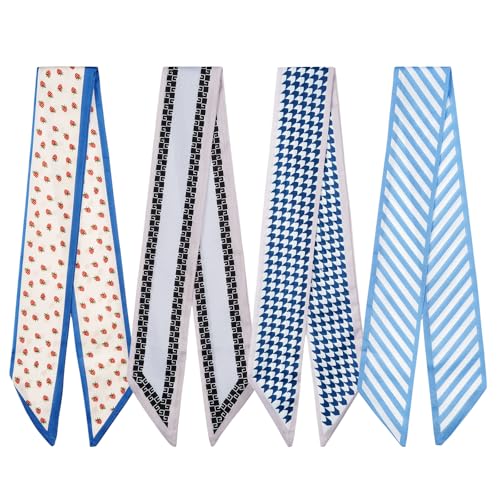 QIUTIMIY 4 Pack Purse Scarf Handbags Skinny Twill Hair Scarves Narrow Neck Scarf Band Women Fashion Accessories Bag Charms - color: Style 1