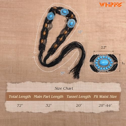 WHIPPY Boho Turquoise Belt for Women Wax Rope Braided Waist Belt Western Hand-Woven Bead Tassel Belts for Dress, 2” Wide - color: Black