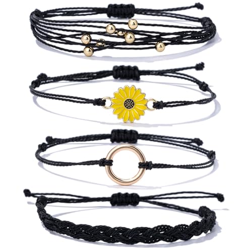 Sunflower Friendship Bracelets Boho Stackable String Bracelets Cute Trendy Gifts for Teen Girls Women - color: Black