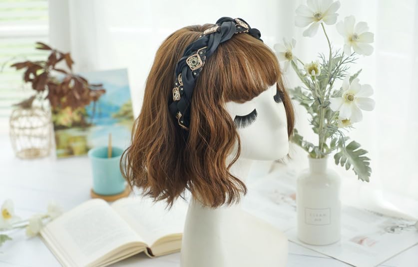 Braided Headband for Women-Vintage Fabric High Crown Headband with Non-Slip Teeth, Cute Boho Knotted Hair Band for Women & Teens (30-Black, One Size) - color: 30-Black