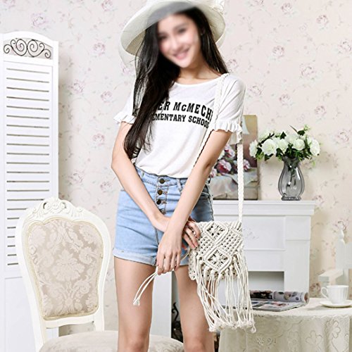Goclothod Women Crochet Fringed Shoulder Bag Cotton Tassel Crossbody Bag Hippie Beach Purse - color: White