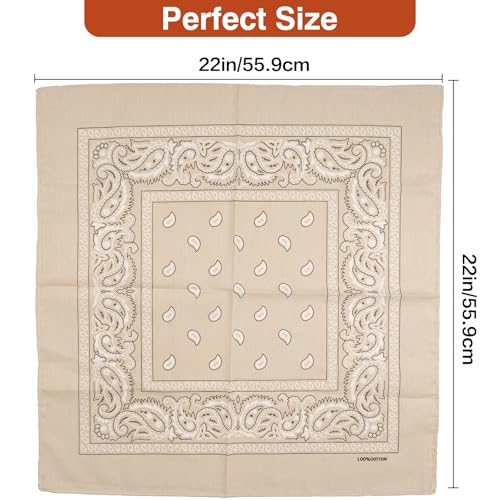 Raylarnia Bandana Multi-Purpose 100% Cotton Headbands for Women, 22 inch Paisley Cowboy Bandanas for Men - color: Tan