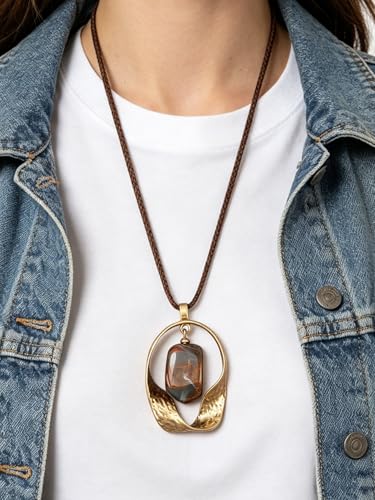 GelConnie Leather Necklaces Turquoise Long Boho Necklaces for Women Brown Chunky Circle Pendant Chocker Necklace Gold Sweater Necklace - style: Brown Leather Boho Necklace