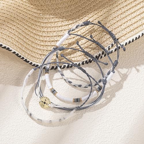 FANCY SHINY Boho Nautical Compass String Bracelets Beaded Clay Beads Bracelet Stackable Friendship Bracelets Summer Beach Outfits for Women Girls - color: Grey