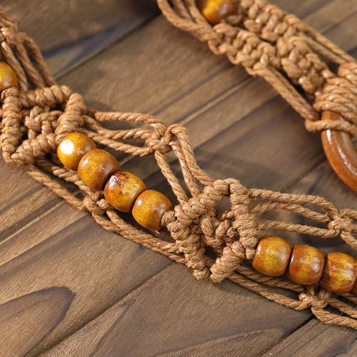 Women Braided Waist Belt Boho Woven Belt with Wooden Beads and Ring Clasp Vintage Long Tassel Rope Tie Belt for Dress - color: Light Brown
