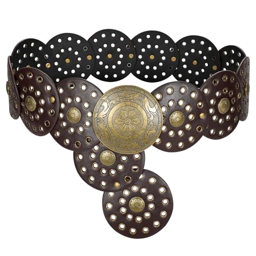 LEACOOLKEY Women's Boho Disc Belt Wide Western Leather Belt Vintage Concho Waist Belts for Dress Jeans - color: A-coffee, size: Fits 27"–33" (Waist/Hips), style: Style a