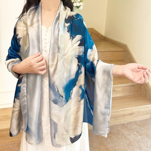 Long Silk Like Scarf Lightweight Satin Scarves Large Sunscreen Shawl Wrap for Women - color: 015.flowers White and Blue