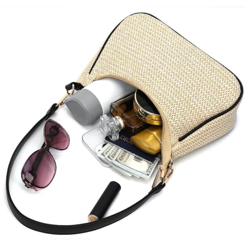 Straw Shoulder Bag for Women – Summer Woven Colorful Stripe Purse - color: Beige Straw