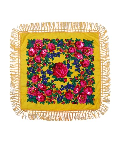 MJ SERECA Acrylic Bandana Printed Hair Scarf Square Ukrainian Head Scarf Floral Babushka Neck Scarf for Women 30"/42"/60" - color: Yellow With Tassel