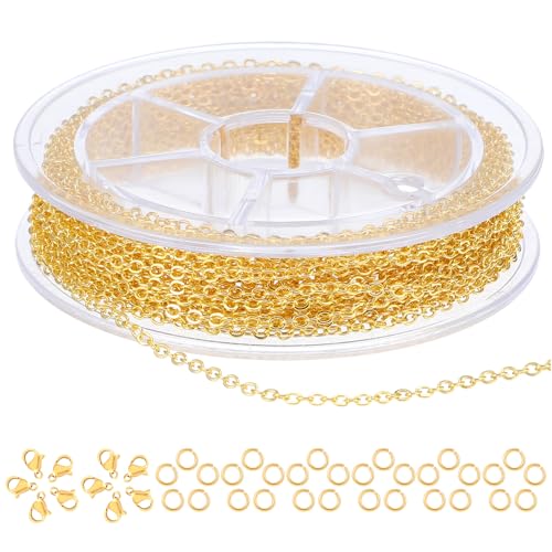 Wanmu 9.8Ft Necklace Chain for Jewelry Making, Gold Plated Stainless Steel Link Cable Roll with 10 Lobster Clasps, 30 Open Jump Rings for Men Women DIY Craft Charm Bracelet Supplies (1.5MM) - color: Gold