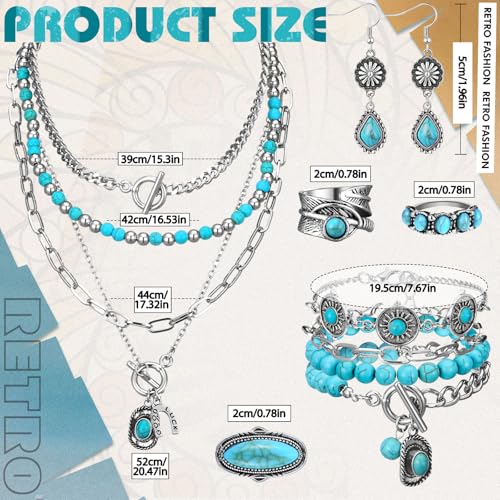 Ecally Bohemian Western Jewelry Turquoise Set Women Country Pendant Long Choker Layered Bracelets Earrings Ring for Women - color: Turquoise, style: Novel