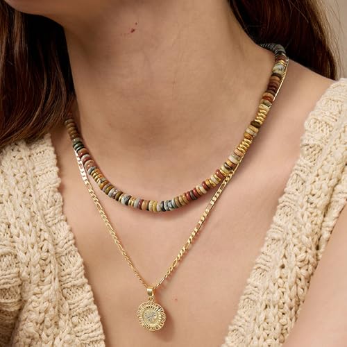 KissYan Boho Beaded Choker Necklace for Women, Gemstone Choker Natural Stone Freshwater Pearl Surfer Necklaces 14K Gold Plated Summer Beach Handmade Jewelry - color: R-Maillard