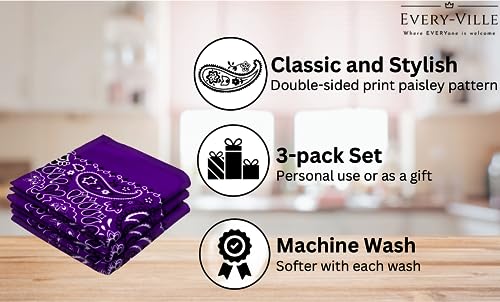 Classic Paisley Bandanas - 3 Pack Gift Set, 100% Cotton, 22x22 Inches - color: Purple