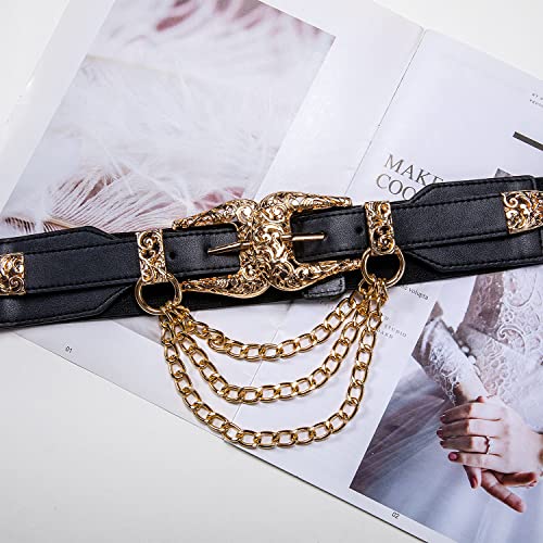 Dubulle Womens Belt Chain Leather Belts Vintage Western Adjustable Elastic Double Buckle for Cowboy Pant Dress - color: Black Gold