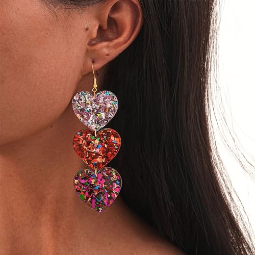 Colorful Shiny Love Heart Dangle Earrings Handmade Lightweight Glitter Acrylic Heart Shaped Hoop Earrings for Women Lovers Valentine's Day Mothers Day Party Jewelry Gifts - style: StyleE