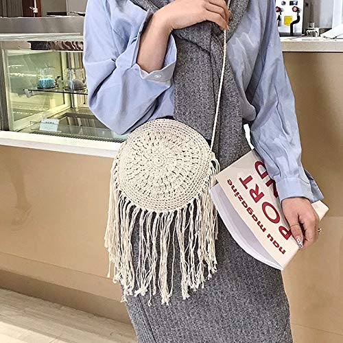 Goclothod Women Crochet Fringed Shoulder Bag Cotton Tassel Crossbody Bag Hippie Beach Purse - color: Off-white