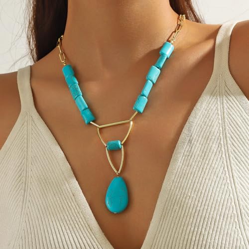 INENIMARTJ Gold Turquoise Necklace for Women Boho Turquoise Pendant Necklace Gold Chain Turquoises Necklaces Trendy Western Turquoises Jewelry for Womens - style: Turquoises A