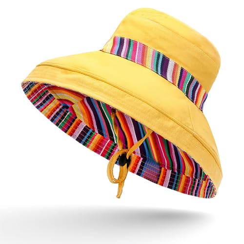 Wide Brim Sun Hat for Women Reversible Beach Hats Metal Wired Edge Gardening Hats, UPF 50+ Bucket Summer Hat - color: Yellow Boho-style