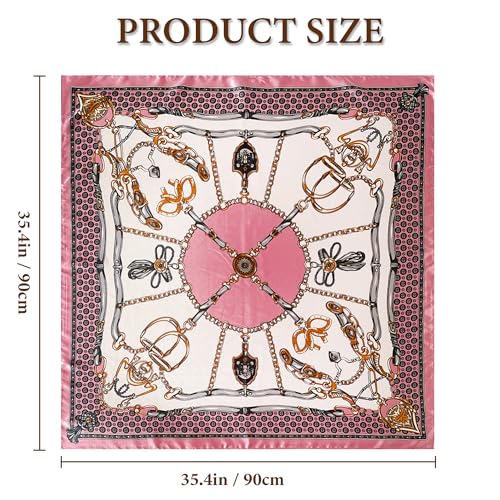 Large Square Head Scarf Bandana - 35" Satin Hair Scarf for Women Like Silk Scarf Fashion Hair Wrapping - color: Equestrian Chain(pink), size: 35IN*35IN