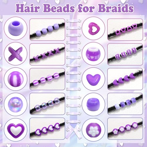 NAISKA 100PCS Purple Dreadlock Bead 10 Styles Kids Braids Beads Heart Loc Jewelry Cute Clip Beads for Hair Braids Kids Hair Accesssories for Girls - color: Purple
