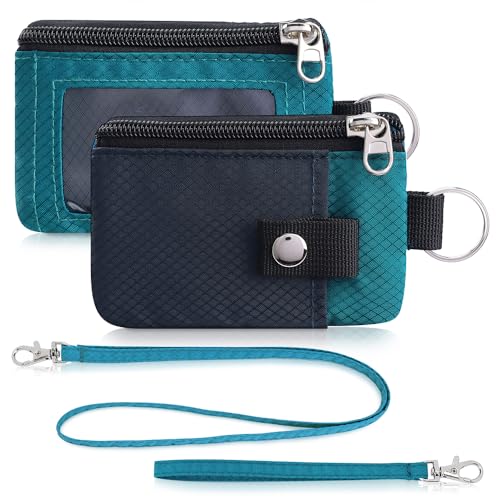 Artpaxy Minimalist Wallet For Mens Womens, Keychain RFID Blocking Zipper Small Wallet with ID Window 2 Lanyards,Water Resistant Travel Cash Card Coin Case Boys Girls - color: Dark grey+Blue green, style: Classic