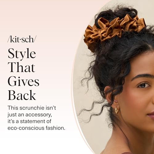 Kitsch Recycled Satin Ruffle Scrunchie – Gentle Hair Scrunchie for Women, Eco-Friendly Hair Tie No Damage, Stylish Ponytail Holder | Ideal Gifts for Women - Camel - color: Camel