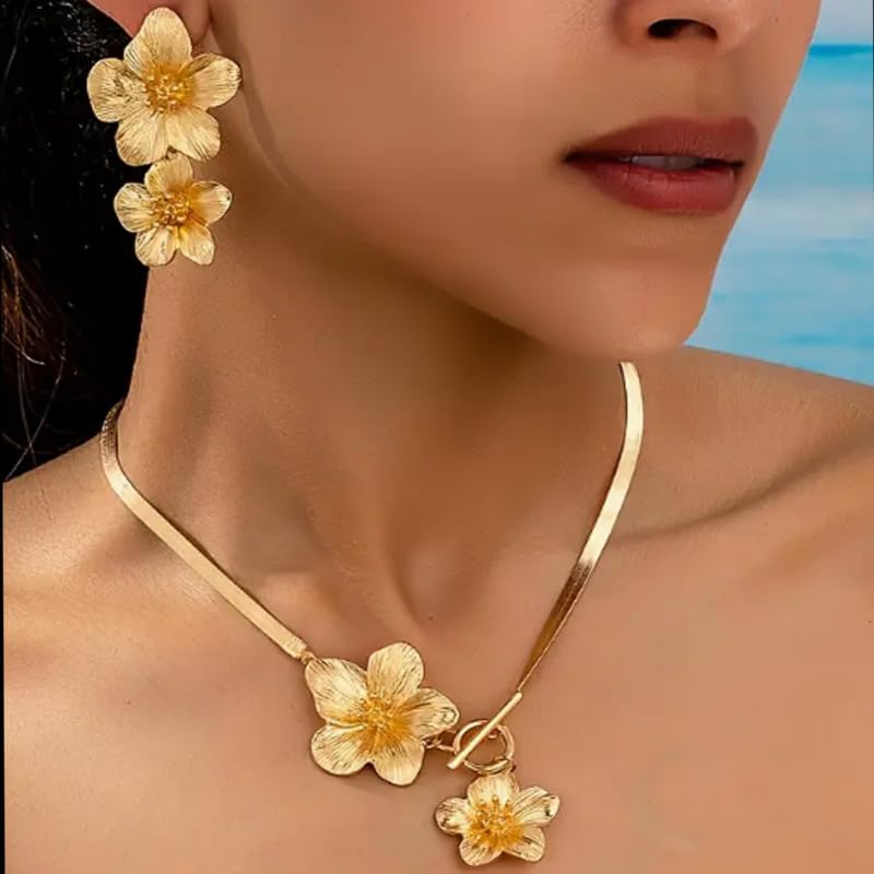 Vintage Flower Necklace Earring Set Gold Snake Chain Necklace Bohemian Large Double Flower Choker Necklaces Hypoallergenic Statement Flower Stud Earrings Elegant Bridal Wedding Summer Beach Jewelry - color: Gold