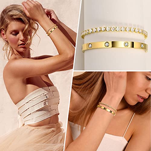 MPRAINBOW 2pcs 18K Gold Plated Chain Link Bracelet, Stainless Steel Crystal Friendship Bracelets Bangle,Watch Band Chains Wristband Jewelry with Adjust Tool - color: Gold Set - E