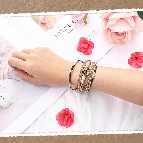 Yinkin 6 Pcs Boho PU Leather Wrap Bracelets for Women Stack Multi Layer Bohemian Cuff Bracelets trendy Jewelry Gifts - style: Novel