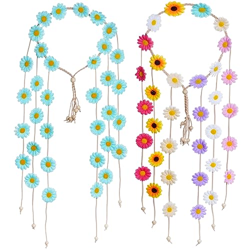 Sucrain 2pcs Flower Hippie Headband Floral Crown Summer Sunflower Hair Accessories for 70 s Bohemian Costumes Style for Women(Light Green+Colorful) - color: Green+Colorful