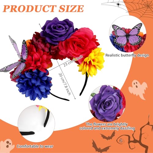 Flower Crown Day of the Dead Headpiece Mexican Flower Butterfly Halloween Headbands Flower Crown for Halloween Party - color: Multicolor-1