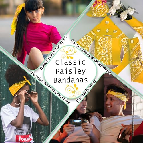 ILHSTY 60 Pcs Women Men Paisley Bandanas Bulk Unisex Bandanas Head Cowboy Scarf Necktie handkerchief Party Supplies - color: Golden Yellow
