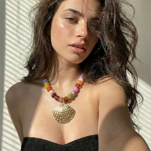 Chunky Beaded Starfish Shell Necklace for Women Colorful Boho Summer Chain Choker Beach Necklace with Acrylic Beads Trendy Chunky Jewelry Gifts - color: XL005E