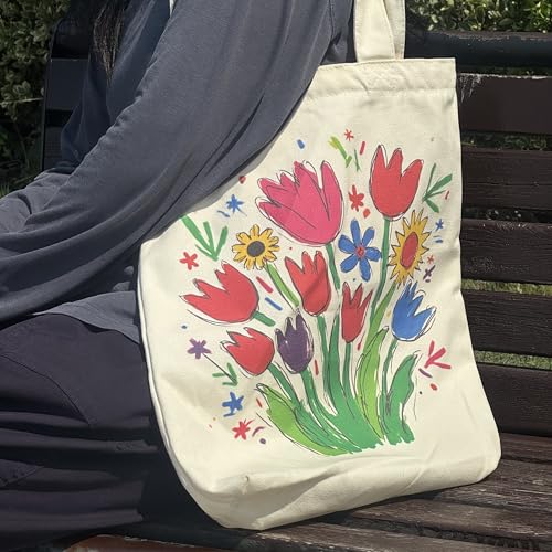 Canvas Tote Bag with Zipper for Women, Aesthetic Tote Bag with Pocket for Vacation, Shopping, Travel, Beach - style: Flowers